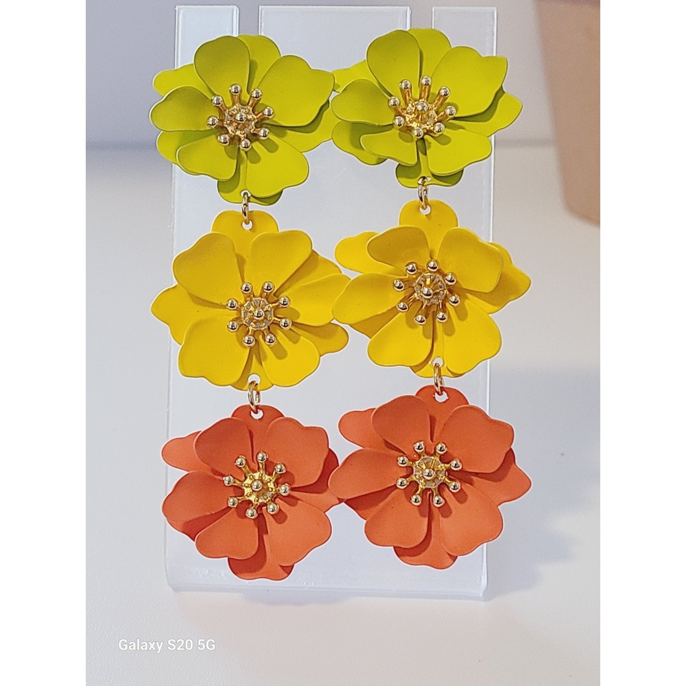 Floral Tiered Drop Earrings Matte Green Yellow Orange Flower Statement Dangle